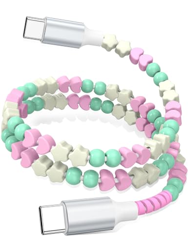 Image of USB C to USB C Cable 3FT,60W Fast Charging Beaded Charger Cord for iPhone 17 16 Pro Max 15 /iPad Pro 11 Air for Samsung S26 S25 S24 A17 /Android Phone Charge Cord Cute Girl Women,Mint+Pink Heart Beaded