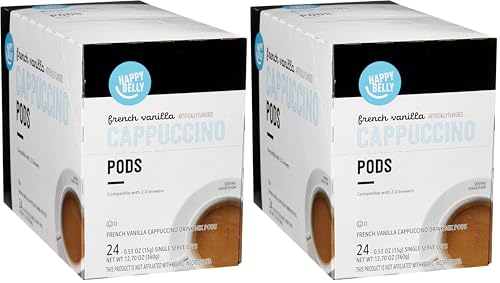 Amazon Brand - Happy Belly Cappuccino Coffee Pods Light Roast Compatible with 2.0 K-Cup Brewers,French Vanilla Flavored,1.5 pound,24 Count (Pack of 2)