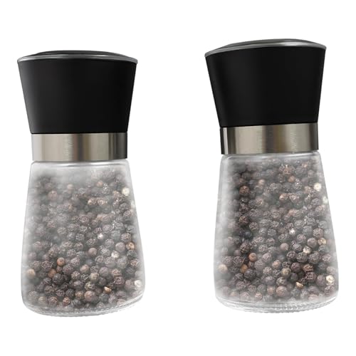 Set di 6 macinaspezie in vetro con meccanismo in ceramica – Spargisale regolabile manualmente per cucina, ristorante (180 ml, nero, trasparente) 6,5 x 13,5 cm (D*H)