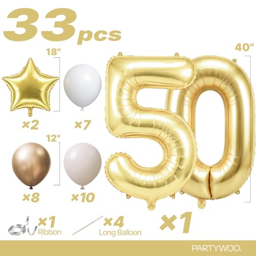 Image of PartyWoo Gold Number 50 Balloon 40 Inch 33pcs Metallic Gold Foil Star White