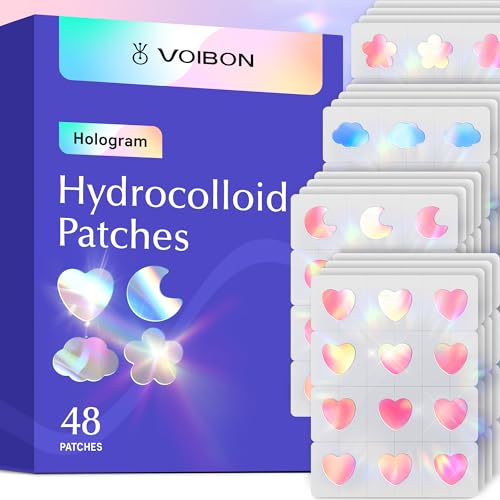 Voibon Hologram Pimple Patches for Face, Cute Hydrocolloid Acne Patches, Salicylic Acid & Tea Tree Colorful Heart Spot Stickers,Zits & Blemish, Blue Moon,Pink Cloud Flower Zit Patches 12MM(48 Count)