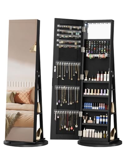 FAVSH 6 LEDs Jewelry Armoire with Frameless Full-Length Mirror, Black