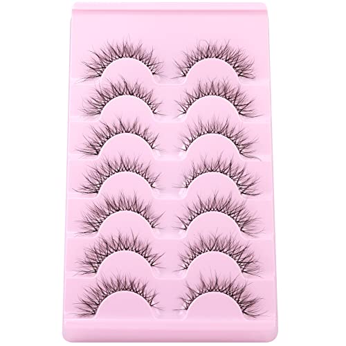 Wispy Lashes Natural Look False Eyelashes Clear Band Fluffy Faux Mink Cat Eye Lashes Pack 15Mm 3D Light Fake Lashs That Look Like Extensions Soft Curly Lash Strips 7 Pairs #TOP6