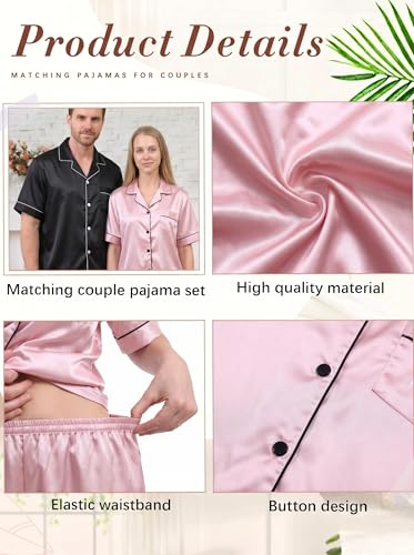Image of Jecery 2 Piece Summer Pajamas for Women Man Soft Couples Matching Pjs Short Satin Button Down Sleepwear for Bride Groom Gift