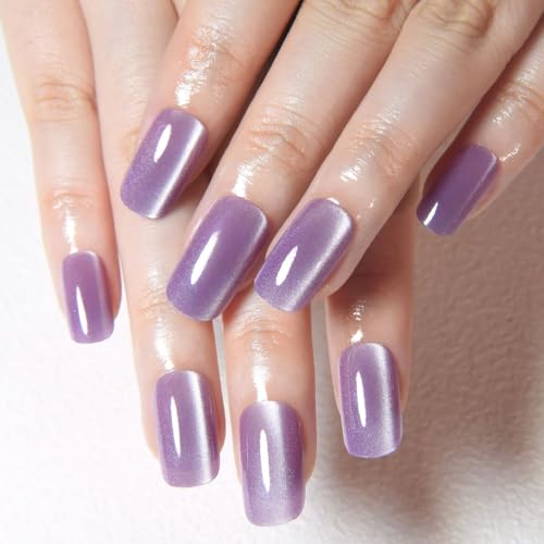 Lavender Purple Cat Eye Press on Nails Medium Square, Medium Squa...