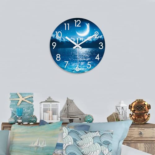 Image of XFM Large Blue Moon Wall Clock Silent Non-Ticking 20 Inch | Battery Operated Round Analog Modern Nature Night Ocean View Decorative Clock for Living Room Kitchen Bedroom Office