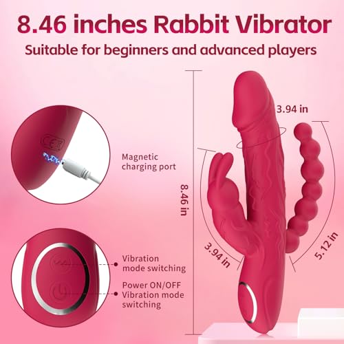 Image of Rabbit G Spot Dildo Vibrator Adult Sex Toys for Women, 3 in 1 Vaginal Anal Beads Clitoris Double 10 Vibration Modes Silicone Nipple Stimulator Massager for Female Couple Play & Games (Rose Red)