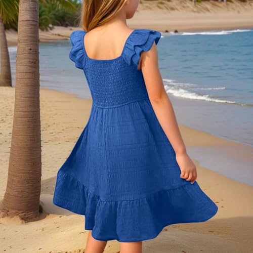 Teen Girls Ruffles Sleeve Flowy A-Line Summer Dress Square Neck Swing Double Pleated Dresses Casual Elegant Skirts2