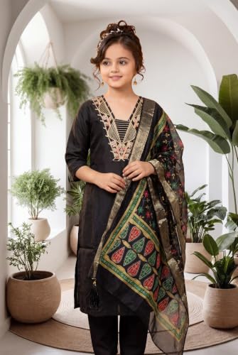 Image of Girls Cotton Blend Embroidered Kurta Pant with Printed Banarasi Style Dupatta Set | Festive Ethnic Wear for Kids | Traditional Suit Set for Girls (4-14Years)