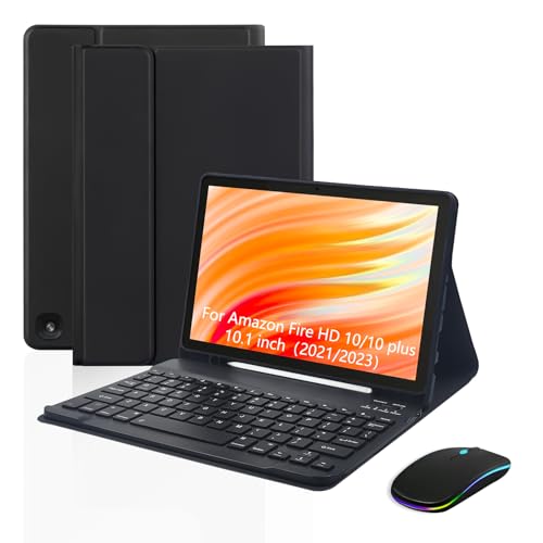 XCHYTECHER �L�[�{�[�h�P�[�X�ƃ}�E�X Amazon Fire HD 10/10 Plus 2021/2023 10.1�C���`(11/13����)�p�A�[�d�����O���\�ȃL�[�{�[�h Type-C�[�d�|�[�g�J�o�[�t�� �^�u���b�g+�}�E�X�p (�u���b�N)