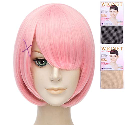 CaseEden コスプレ ウィッグ Re:ゼロから始める異世界生活 リゼロ ラム ショート ピンク 桃色 & ホワイトメルチェ ウィッグネット2個セット