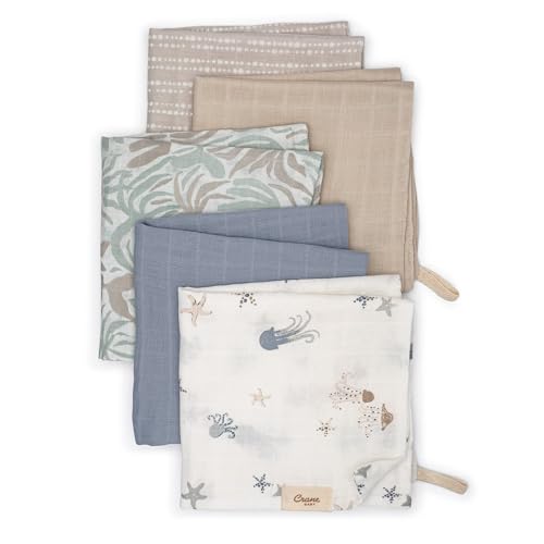 Image of Crane Baby Wash Cloth Set, 100% Cotton, Set of 5 Baby Washcloths, Sea Life Starfish Theme, Newborn Muslin Baby Washcloths, Baby Registry Gift