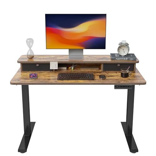 FEZIBO Height Adjustable Electric Standing Desk with Double Drawer, 100 * 60cm Stand Up Table with Storage Shelf, Sit Stand Desk with Splice Board, Black Frame/Rustic Brown Top
