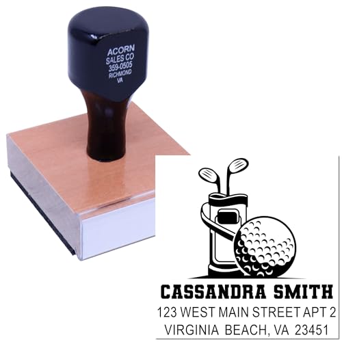 Image of Golf Gear Essentials Wood Handle Rubber Stamp - Personalized Rubber Stamp | Return Address Hand Stamp. Any standard pad works. Golf Course Stamp. Personalized to your text. Uses a separate ink pad.