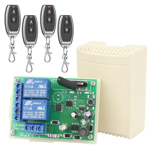 Télécommande sans fil RF 433 MHz 2 canaux : 220 V 230 V Télécommande pour porte de garage avec 4 émetteurs de commande radio, interrupteur sans fil 10 A pour moteur, volets roulants et pompes