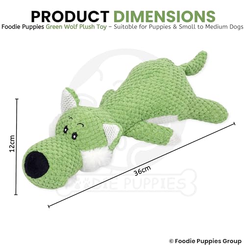 Image of Foodie Puppies Interactive Dog Squeaky Plush Toy (Green Wolf) | Crinkle Paper, Cotton-Stuffed, Chew Toy for Teething, Cuddling, Playing & Training for Puppies and Small to Medium Dogs