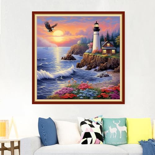 Image of Foxdiviy Stamped Cross Stitch Kits Full Range of Embroidery Needlework Starter Kits for Beginners Adults 11CT Embroidery Patterns Art Crafts DIY Needlepoint Kits-Seaside Lighthouse 18x18 inch