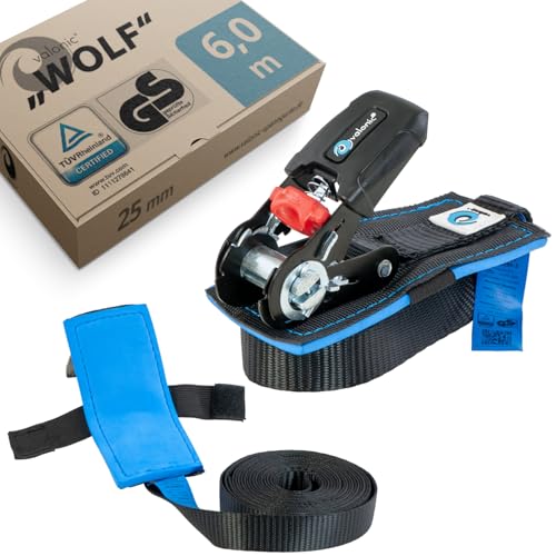 valonic Wolf - 2X 6m cincha de Amarre con trinquete, 25mm, 800 Kg, Acolchado, Certificado TÜV Rheinl. / GS, EN-12195-2 - Negro, Correas de Agarre para Fijar Cargas, Cinta tensora para Sup o Kayak