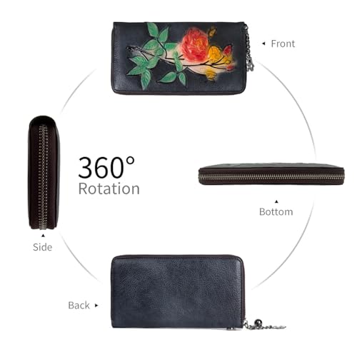 Image of Wallet Genuine Leather for Women - with RFID Blocking Card checkbook ID Slot Large Capacity Vintage style (gardenia black)