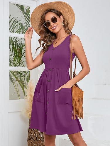 Image of Heymoments Women's Summer Dresses Sleeveless Casual Fashion Loose Swing Button Down Beach Dress with Pockets