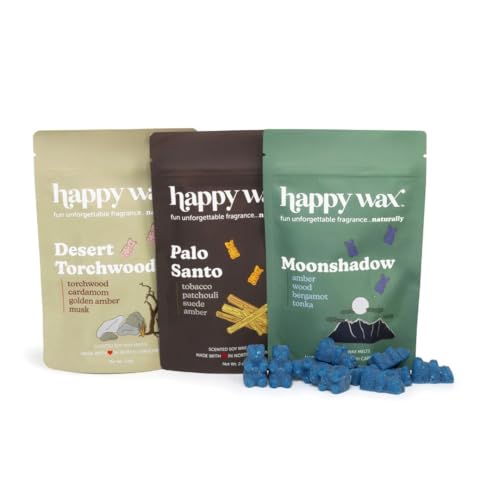 Happy Wax Wanderlust Collection Scented Natural Soy Wax Melts – 6 Total Oz. of Scented Wax Melts, Collection Includes Palo Santo, Desert Torchwood, and Moonshadow