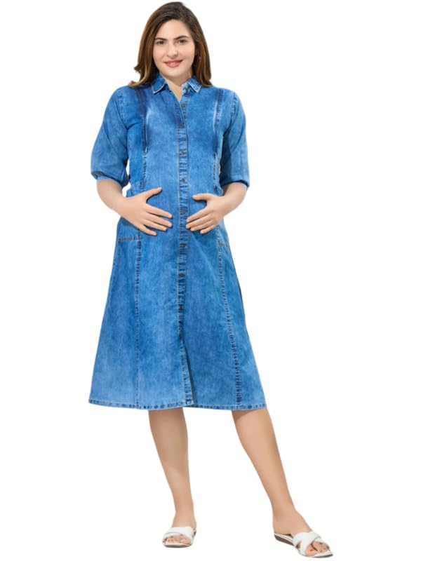 easy mom Puff Sleeve Denim Maternity A-Line Dress for Women | Maternity Maxi Dress for Women | Soft Cotton Pregnancy Dress | Feeding Access | Perfect for Office, Daily-picture-20