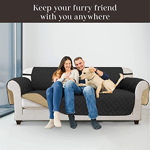 Vanelux Reversible Washable Sofa Slipcover 1-Piece Soft Quilted Water Resistant Couch Cover With Non Slip Foam And Elastic Straps Furniture Protector For Cats, Dogs, Kids (Black/Beige Large 66”) #TOP1