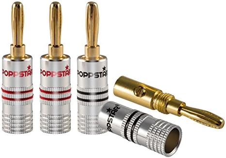 Poppstar 8 wtyków bananowych do kabli głośnikowych (do 6 mm²), głośników, odbiorników AV, z pozłacanymi stykami 24k (4 czarne, 4 czerwone)