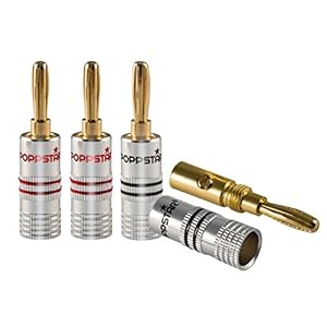Poppstar 4x High End Bananenstekker, voor Luidsprekerkabel (tot 6 mm²), Speakers, Luidspreker, AV Receiver, 24k Vergulde Contacten (2x zwart, 2x rood)