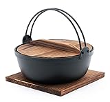 Happy Sales HSSN-MDP85, Japanese Design Cast Iron Nabe Sukiyaki Nabemono Hot Pot With Wooden Lid, 58 fl.oz.