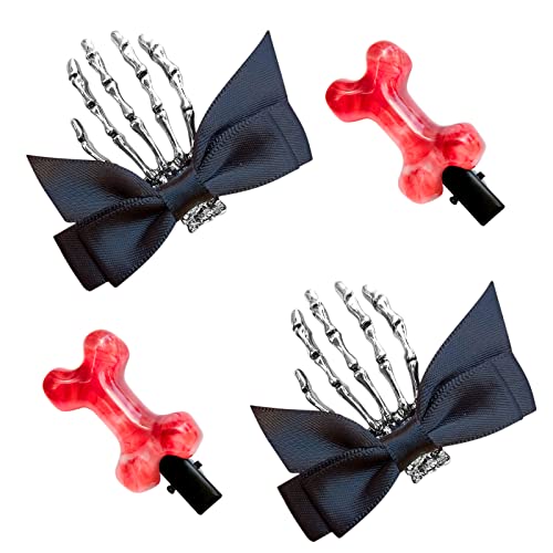 Halloween Skeleton Claws Hand Bow Decor Hair Clip Black Skull Alligator Barrettes Red Dog Bone Hairpins Women Girls Kids Goth Punk Cosplay Costume Party Favor Decoration Accessories Gift 4Pcs #TOP16