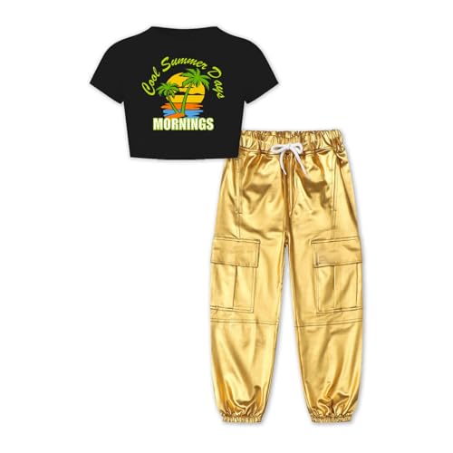 Image of Betusline Girls 2 Piece Outfits Kids Clothes Cute Cool Girl Crop Tops and Metal Gold Pants Summer Clothing Sets, 11-12 Years = Tag 160