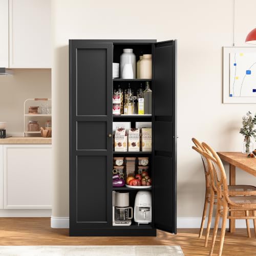 Image of Yizosh Metal Storage Cabinet with 2 Doors and 5 Adjustable Shelves - 71 inch Black Kitchen Pantry Storage Cabinet, 5-Tier Tall Steel Cabinet Locker for Kitchen, Living Room, Dining Room