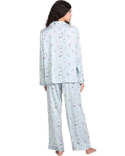 Image of YiNi LuLu Womens Silk Satin Pajamas Set Button Down 2 Piece Pjs Long Sleeve Oversized Sleepwear with Pockets