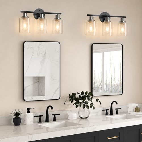 Image of Unicozin Modern Bathroom Light Fixtures, 3 Light Vanity Lights, Black and Brushed Nickel Wall Lamp with Clear Glass for Bathroom, Mirror, Living Room, Bedroom, Hallway, E26 Base