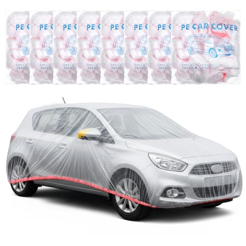 8 Pcs Universal Disposable Plastic Car Cover 11.8 x 22 Ft Clear Waterproof Dustproof Full Exterior Car Cover with Elastic Band for Automobiles Sedan Outdoor Snow Rain Weather Protection