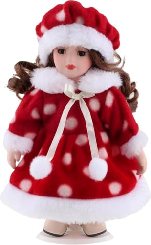 Boneca de porcelana vermelha de 20 cm de cabelo castanho, boneca de pé com suporte, presente de aniversário de Natal, decoração de mesa