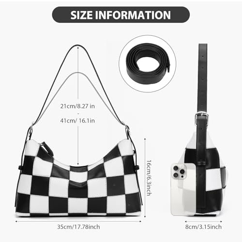 Checkered Shoulder Bag for Women,Classic Black and White Purse Trendy Crossbody Purse Leather Totes Hobo Handbag with Strap4