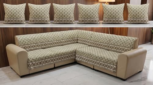 Image of Luxury Sofa Cover L Shape 6 Seater with Matching Cushion Cover 16x16 inch - Beige Diamond Jacquard 3+3 Seater (6 Seater) Quilted Sofa Cover Set Pack of 11, Washable, Beige Gold