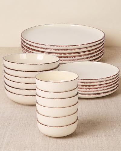 BAVARY Vajilla de Cerámica 24 Piezas Beige para 6 Personas – Juego de Vajilla con Platos Llanos, Hondos, de Postre y Cuencos – Diseño Rústico y Moderno – Apta para Lavavajillas y Microondas