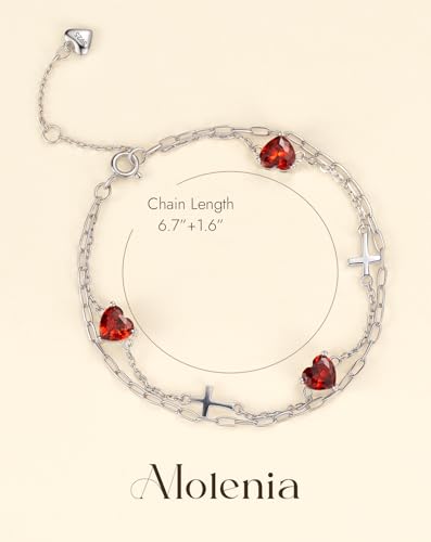 Birthstone Cross Bracelet for Women, S925 Sterling Silver Heart Bracelet with 5A Cubic Zirconia, Dainty Link Charm Double Layer Jewelry Birthday Gift for Her2