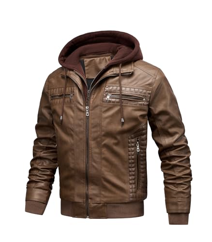 Image of FTIMILD Men's Leather Jacket Motorcycle Jacket Windproof PU Vintage Bomber Jacket with Removable Hood