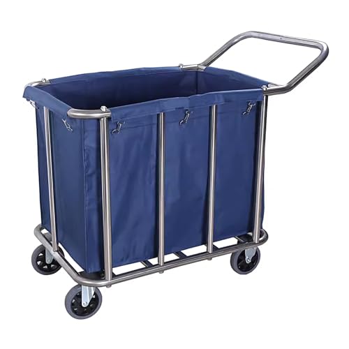 Carro de Limpieza Profesional Cesta Ropa Sucia con Ruedas de 6 y Reposabrazos de Acero Inoxidable y Tela Oxford Carro de Lavandería Industrial(Blue)