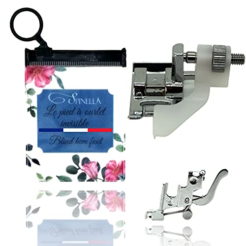 SPINELLA ® Pied de biche Universelle pour Ourlets Invisibles pour Machine à Coudre Domestique avec Adaptateur à tiges Basses Snap on Inclus. Notice en Français Inclus.