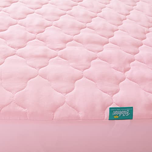 Image of Crib Mattress Protector Sheets Fitted Waterproof Crib Mattress Pad Cover | Quilted Improved Thickness Machine Washable Noiseless 52 inch x 28 inch Pink Fit for Standard Crib Toddler Bed Mattress up to 9 inch