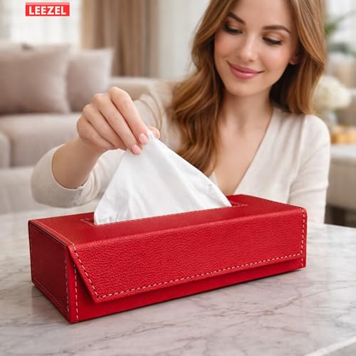 Image of LEEZEL| Tissue Box Holder with 100 Pulls Cotton Rags Tissue | Handcrafted Fine Leather - Like Finish | for Gifting, Office Desks, Cars & Home Decor | Durable & Water Resistant. (Red)