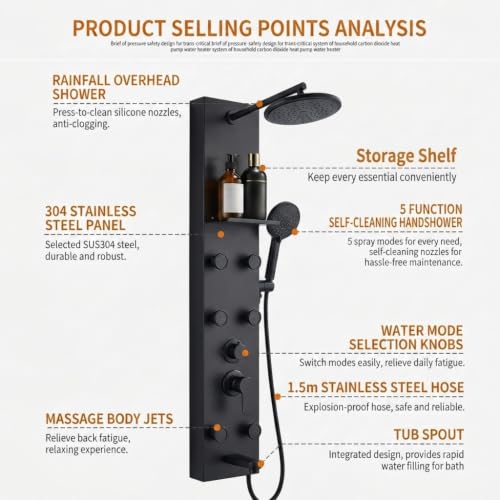 Image of Backline All In 1 Shower Panels for Bathroom 304 SS Hot & Cold Water Adjustable | 3 Function Handshower with Waterfall Shower /Tub Spout /Body Spray /Storage Rack (Black Matt)