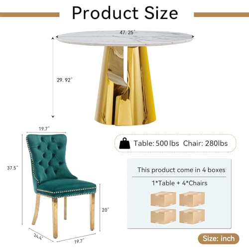 Image of 5-Piece Round Dining Table Set for 4, Modern Faux Marble Kitchen Table and Green Velvet Chairs Set of 4, Luxury 45 inch Circle White Gold Dining Room Tables with Stainless Steel Base