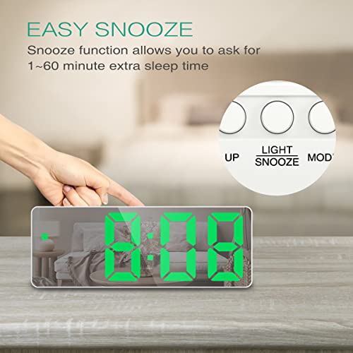 Oria Digital Alarm Clock, 6.5" Large Display Led Mirror Clock, Led Electric Alarm Clocks With Snooze, 12H/ 24H Display, 3 Adjustable Brightness, Usb Cable, Suitable For Bedroom, Office, Green #TOP2