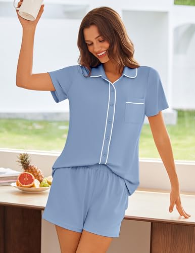 Image of Ekouaer Womens Pajama Sets Button Down Lounge Set 2 Piece Loungewear Soft Sleepwear Short Sleeve Pjs with Pockets
